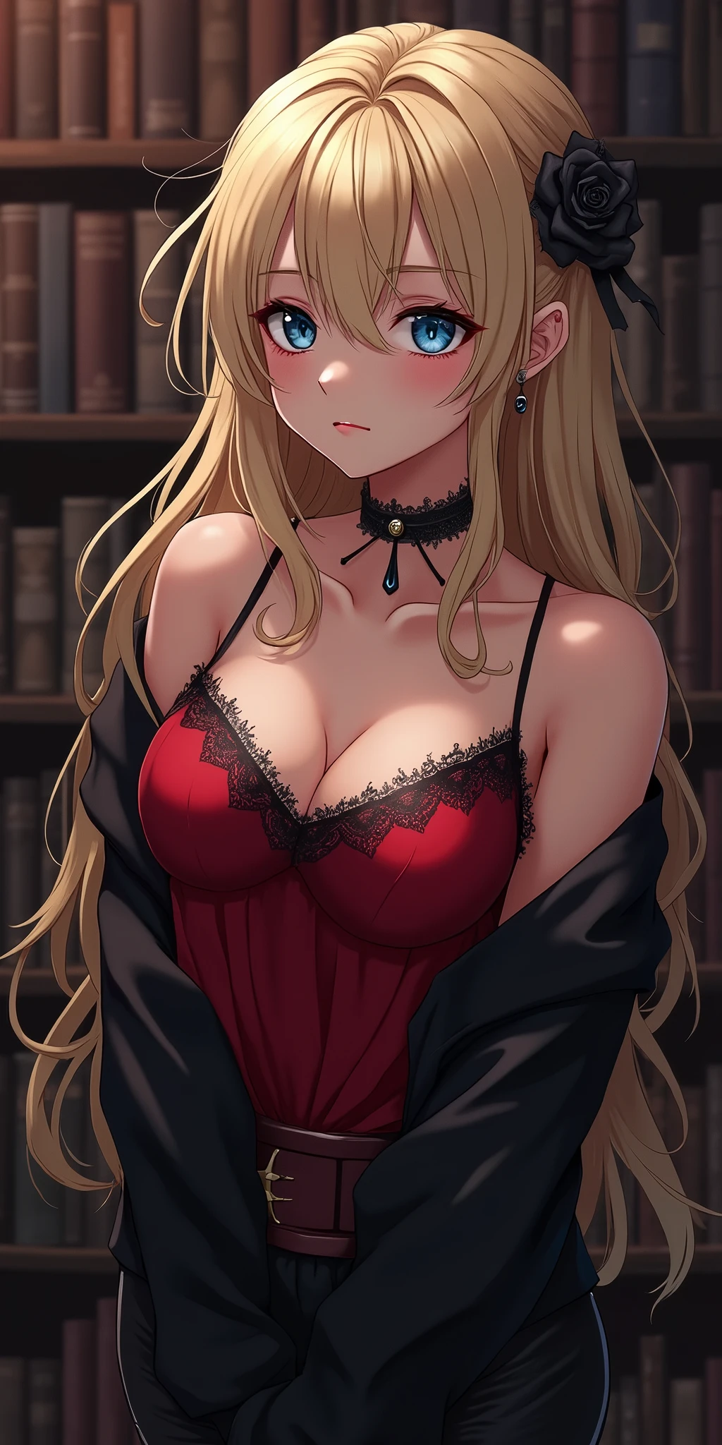 (best quality, ultra-detailed, photorealistic: 1.39), bright and vibrant colors, studio lighting, romantic expression, An effeminate girl, with a delicate and beautiful face. Beautiful and adult sensual woman with her blonder hair matches the gothic makeup, her blue eyes and mischievous smile, with her large seductive breasts, cleavage, gothic style blouse, Red tank top with lace details, black leggings, in the book library, night, manga style, anime features manga style, fully body , she is in love, anime style