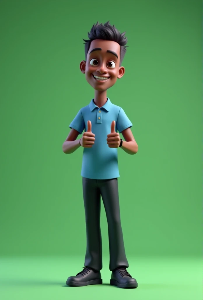 Cartoon character of a slender man in his 60s full body dark skin black hair cut short, blue shirt, black pants black shoes, an animated character, stylized character, animation style rendering, 3d stylized, Arnold Maya rendering, Stylized 3D rendering, toon render screenshot, 3d character, 3d character, Stylized 3D rendering, 3D character rendering, cartoon character, character posing, (Pixar-style) (master part:1.2) (bokeh) (best qualityer) (skin detailed) (detailed texture) (8k) (Argilla) (cinematic lighting) (sharp focus,standing full body making a thumbs up sign with both hands green background without shadow chroma kay type