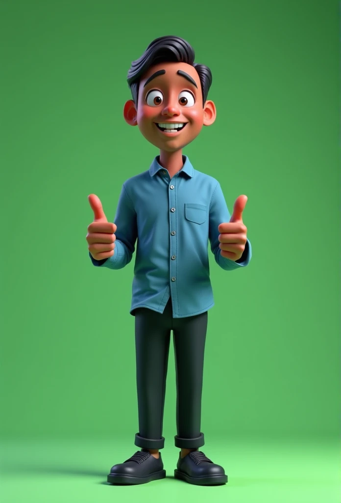 Cartoon character of a slender man in his 60s full body dark skin black hair cut short, blue shirt, black pants black shoes, an animated character, stylized character, animation style rendering, 3d stylized, Arnold Maya rendering, Stylized 3D rendering, toon render screenshot, 3d character, 3d character, Stylized 3D rendering, 3D character rendering, cartoon character, character posing, (Pixar-style) (master part:1.2) (bokeh) (best qualityer) (skin detailed) (detailed texture) (8k) (Argilla) (cinematic lighting) (sharp focus,standing full body making a thumbs up sign with both hands green background without shadow chroma kay type