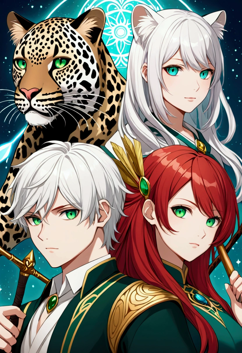 White-haired, blue-eyed leopard hybrid boy with sword . Green-eyed panther hybrid girl with bow and arrow. Red-haired human girl with green eyes with magic staff 