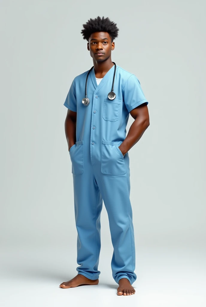 A barefoot black short haired man standing wearing a light blue nurse type overalls 