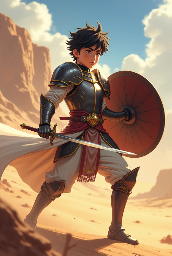a young ager, good looking, anime style, Wearing armor with a golden belt, resplendent, He carries a shield in his left hand to protect himself from an enemy attack and a sword raised in his right hand., with a wide background of a beautiful day in the desert