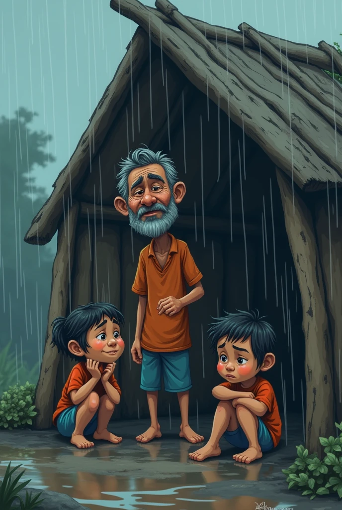 A poor man builds a huge hut on his house, it rains and he builds his house in the rain, his video is of him, his children are sitting and crying in the rain, all in carton style
