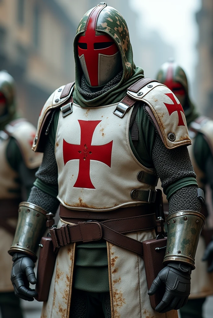 image of the templar army in the 21st century mix the templar soldier&#39;s armor with a camouflage helmet with a red crest modern white tactical vest with a large red cross painted on the vest , characteristic uniform of the 21st century dark gray military boots and a steel chainmail outfit