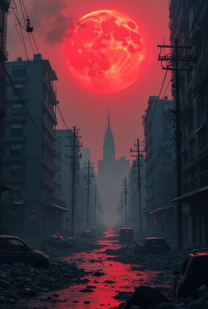 make a picture of tokyo after a zombie apocalypse, a red moon in the sky and a gloomy mood
