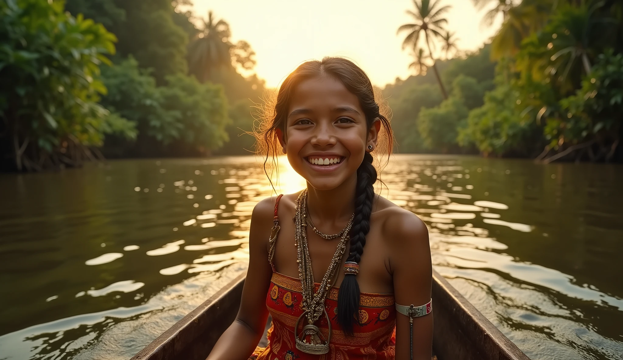 indígena shuar girl, ecuadorian woman, sailing in a canoe on an Amazon river, amazon jungle landscape, vibrant colors, sunrise, panoramic shot, the girl smile, very happy, masterpiece, hyper realistic, kodak film, leica m11, leica summicrom lens, 18mm, detailed facial features, intricate clothing, tribal patterns, beautiful natural setting, warm lighting, photorealistic, 8k, high quality