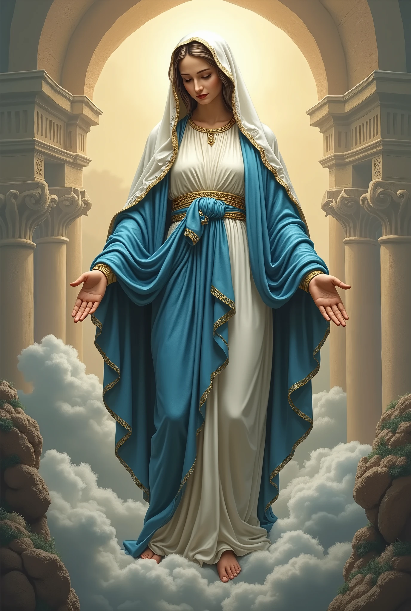 Drawing of the Virgin of the Assumption of the province of Asunción de Arequipa, blue gown with white veil