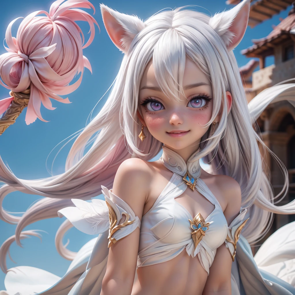 ariel, upper body portrait, white hair, beautiful, cute arabian transparent Langerie, warrior, midriff, fit, white hair,  desert background, realistic fantasy ,concept art, sexy, excited, gorgeous face,fully body, breasts small, smooth skin, Medium pink mouth, Linda, naturals .Transparent silk on clothes, 80% of the uncovered body,Cheeky smile.,Well-defined lips. 