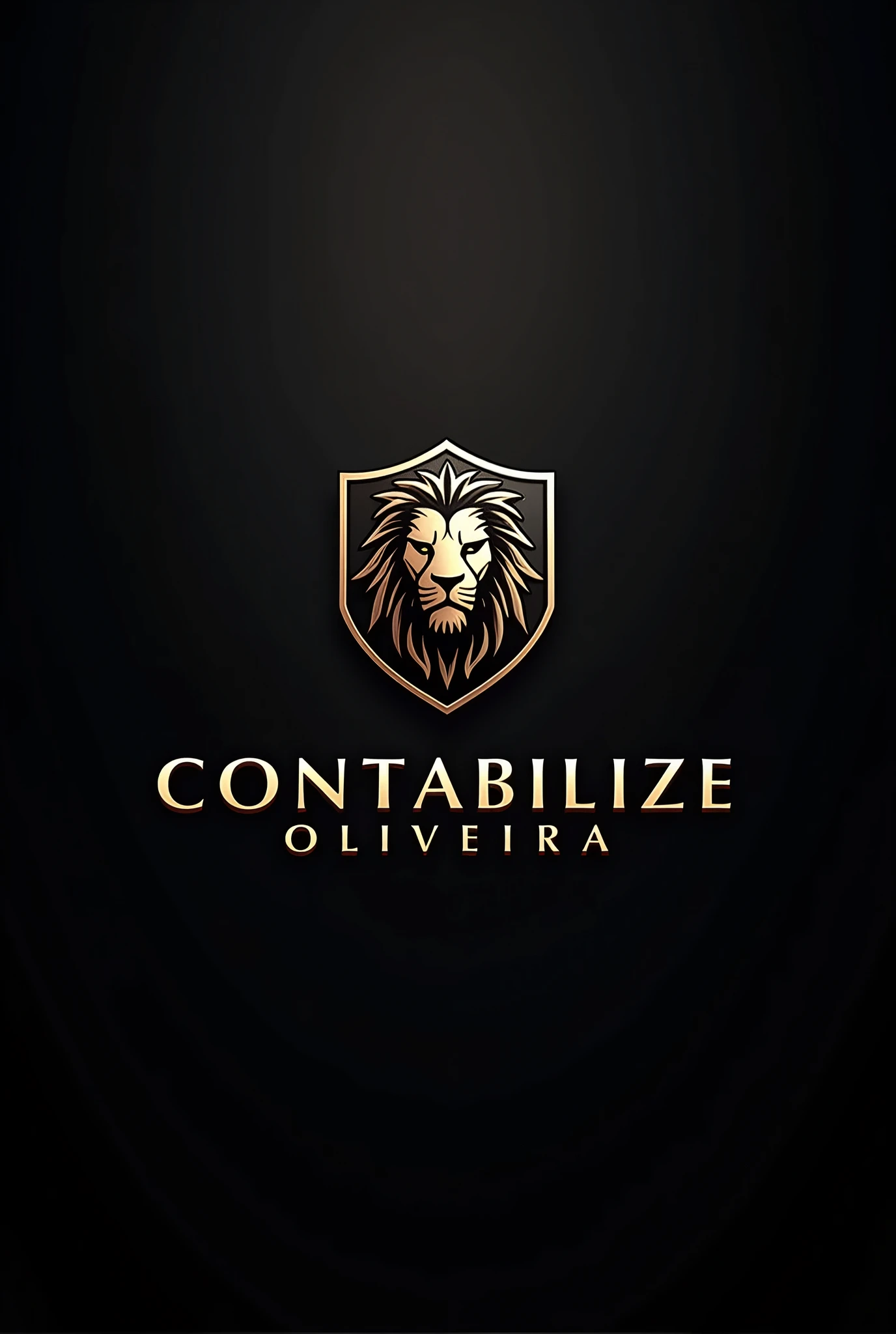 A logo for an accounting firm with the name Contabilize Oliveira. In black and gold colors, with dark background and some lion shield with futuristic fonts.