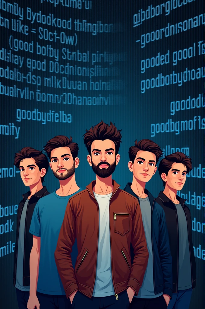 A text coding background consisting of "Khan Family, 5 Brothers, goodbyeBAU” words.