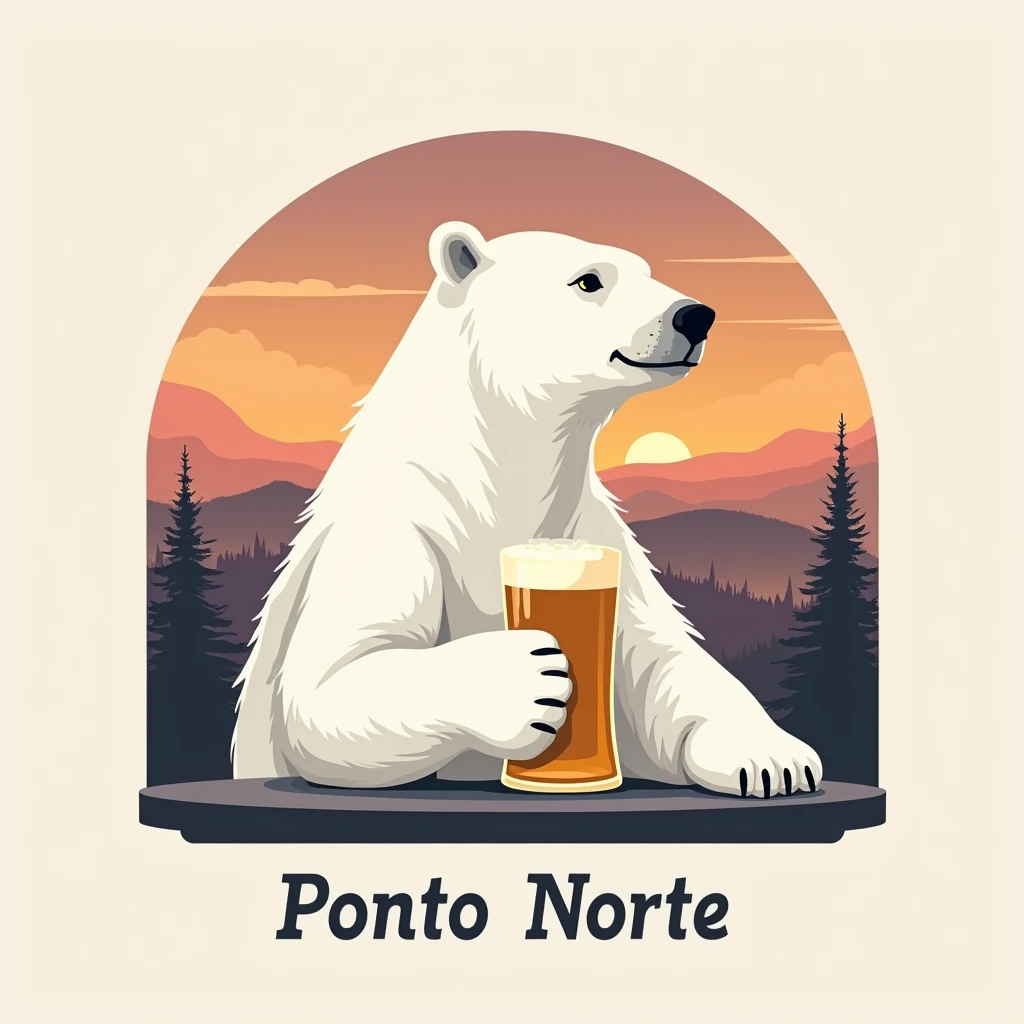Create a 1x1 square logo for a restaurant called “Ponto Norte” The logo should have the name of the restaurant and a realistic white polar bear with a beer in his hand and the background a sunset in a restaurant