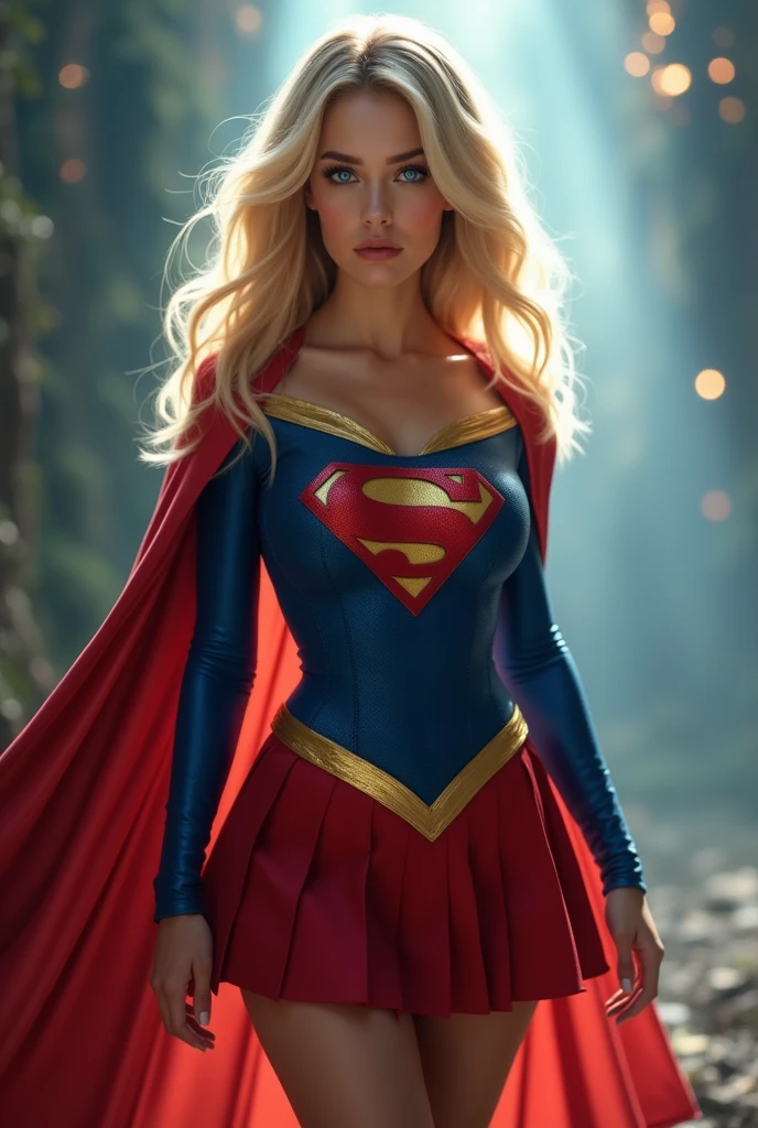 A SEXY AND BUSTY FEMALE WITH, BLONDE SILKY SMOOTH HAIR, AND DAZLING BLUE SAPHIRE EYES, WEARING A SCHOOL GIRL UNIFORM REVEALING HER SPANDEX 1984 BLUE SUPERGIRL COSTUME COMEPLETE WITH A LONG READ PLEATED SKIRT WITH A YELLOW SUPERGIRL BELT, A PAIR OF RED HEELED BOOTS WITH YELLOW TRIM, AND A LONG FLOWING RED CAPE WITH THE GOLD "S" EMBLEM. RED LIPSTICK, RED FINGERNAILS. INCREDIBLY DETAILED GLOWING SKIN, INCREDIBLEY DETAILED FACE, INCREDIDBLEY DETAILED CLOTHING, TEXTURED SKIN PORES, TEXTURED HAIR, 8K ABSURD RESOLUTION, MASTERPIECE. PHOTO REALSITIC, HYPER REALISTIC. MYSTICAL BACKGROUND. 16K RESOLUTION. PREFESSIONAL GRADE IMAGE.
