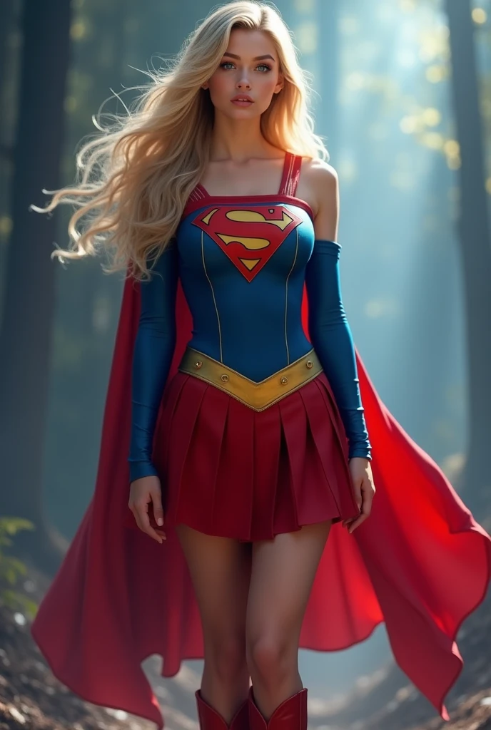 A SEXY AND BUSTY TEEN FEMALE WITH, BLONDE SILKY SMOOTH HAIR, AND DAZLING BLUE SAPHIRE EYES, WEARING A SCHOOL GIRL UNIFORM REVEALING HER SPANDEX 1984 BLUE SUPERGIRL COSTUME COMEPLETE WITH A LONG READ PLEATED SKIRT WITH A YELLOW SUPERGIRL BELT, A PAIR OF RED HEELED BOOTS WITH YELLOW TRIM, AND A LONG FLOWING RED CAPE WITH THE GOLD "S" EMBLEM. RED LIPSTICK, RED FINGERNAILS. INCREDIBLY DETAILED GLOWING SKIN, INCREDIBLEY DETAILED FACE, INCREDIDBLEY DETAILED CLOTHING, TEXTURED SKIN PORES, TEXTURED HAIR, 8K ABSURD RESOLUTION, MASTERPIECE. PHOTO REALSITIC, HYPER REALISTIC. MYSTICAL BACKGROUND. 16K RESOLUTION. PREFESSIONAL GRADE IMAGE.