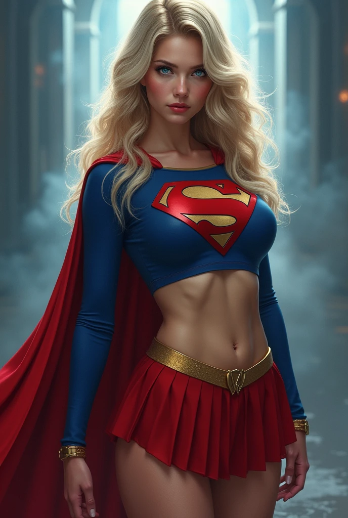 A SEXY AND BUSTY TEEN FEMALE WITH, BLONDE SILKY SMOOTH HAIR, AND DAZLING BLUE SAPHIRE EYES, WEARING A SCHOOL GIRL UNIFORM REVEALING HER SPANDEX 1984 BLUE SUPERGIRL COSTUME COMEPLETE WITH A LONG READ PLEATED SKIRT WITH A YELLOW SUPERGIRL BELT, A PAIR OF RED HEELED BOOTS WITH YELLOW TRIM, AND A LONG FLOWING RED CAPE WITH THE GOLD "S" EMBLEM. RED LIPSTICK, RED FINGERNAILS. INCREDIBLY DETAILED GLOWING SKIN, INCREDIBLEY DETAILED FACE, INCREDIDBLEY DETAILED CLOTHING, TEXTURED SKIN PORES, TEXTURED HAIR, 8K ABSURD RESOLUTION, MASTERPIECE. PHOTO REALSITIC, HYPER REALISTIC. MYSTICAL BACKGROUND. 16K RESOLUTION. PREFESSIONAL GRADE IMAGE.