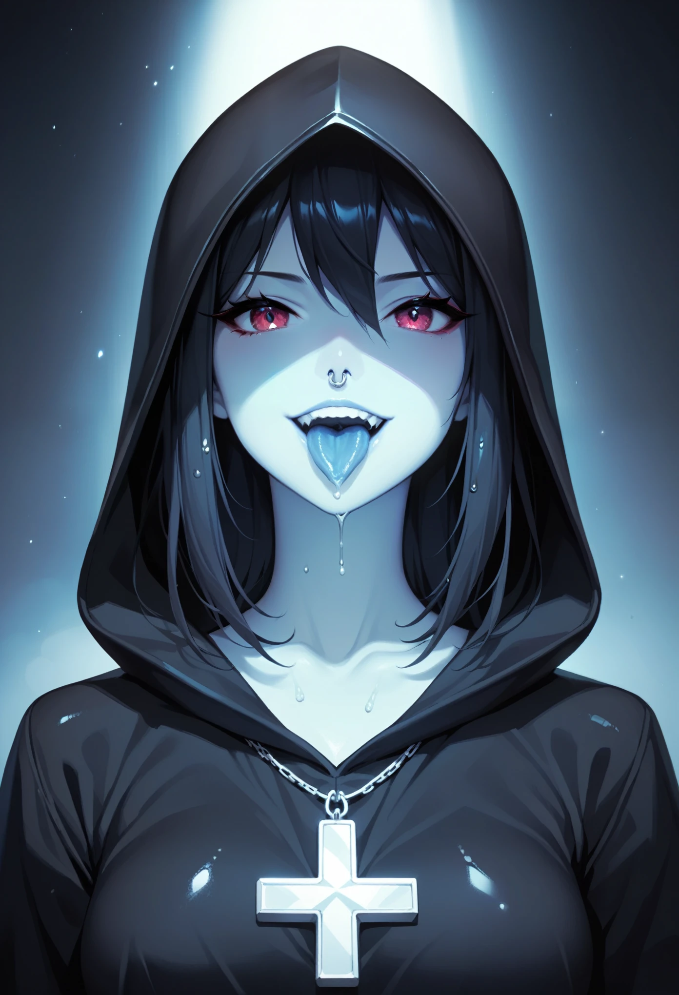 Close-up portrait of a young woman with a rebellious and defiant expression. His face is in the foreground, softly and dimly lit, highlighting her light skin. He wears a black hood that covers most of his head., leaving only his mouth and tongue visible. About the hood, A white cross stands out at the top, contrasting with the dark fabric. the woman has her mouth open, showing a wide, provocative smile while sticking her tongue out, creating a bold and defiant effect. The light is subtle, with soft shadows that add a dramatic touch to the face and hood. The style is hyperrealistic, capturing the details of the fabric texture, Shiny teeth and wet tongue,The hood covers his eyes and nose,only the mouth visible