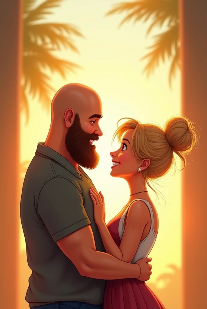 An illustration of an adorable couple, Highlighting a man and a woman with beauty, Expressive eyes – the man’s hair is bald and brown and he has a full beard, While the woman's hair is tied up in a bun and blonde. They are a bright space, Everyone with a smile on their face, and share a special moment, This is marked by love, Gita, and pedagogical insights. Illustrate this scene from a perspective, where they are facing away from the camera, Show your connection. Develop this art in Full HD, Focus on your cinematic flair, Estilo Disney Pixar Animations