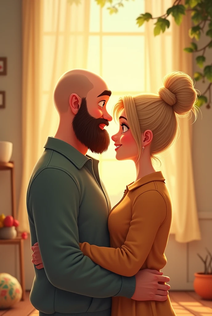 An illustration of an adorable couple, Highlighting a man and a woman with beauty, Expressive eyes – the man’s hair is bald and brown and he has a full beard, While the woman's hair is tied up in a bun and blonde. They are a bright space, Everyone with a smile on their face, and share a special moment, This is marked by love, Gita, and pedagogical insights. Illustrate this scene from a perspective, where they are facing away from the camera, Show your connection. Develop this art in Full HD, Focus on your cinematic flair, Estilo Disney Pixar Animations