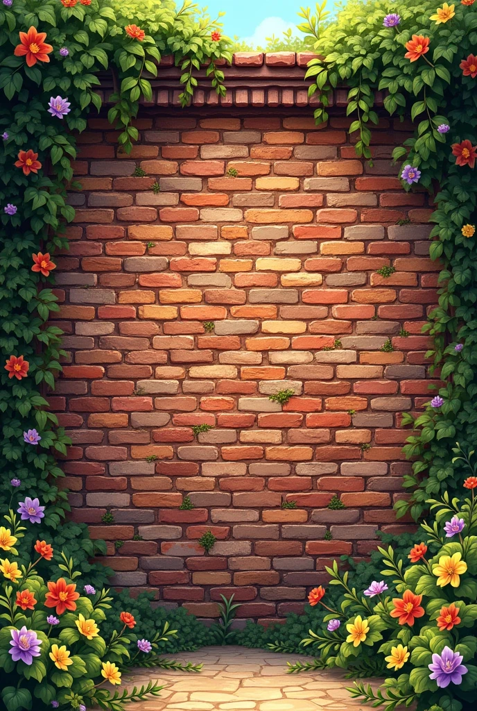 mixed brick wall , with many green branches on the sides and colorful flowers 

 

