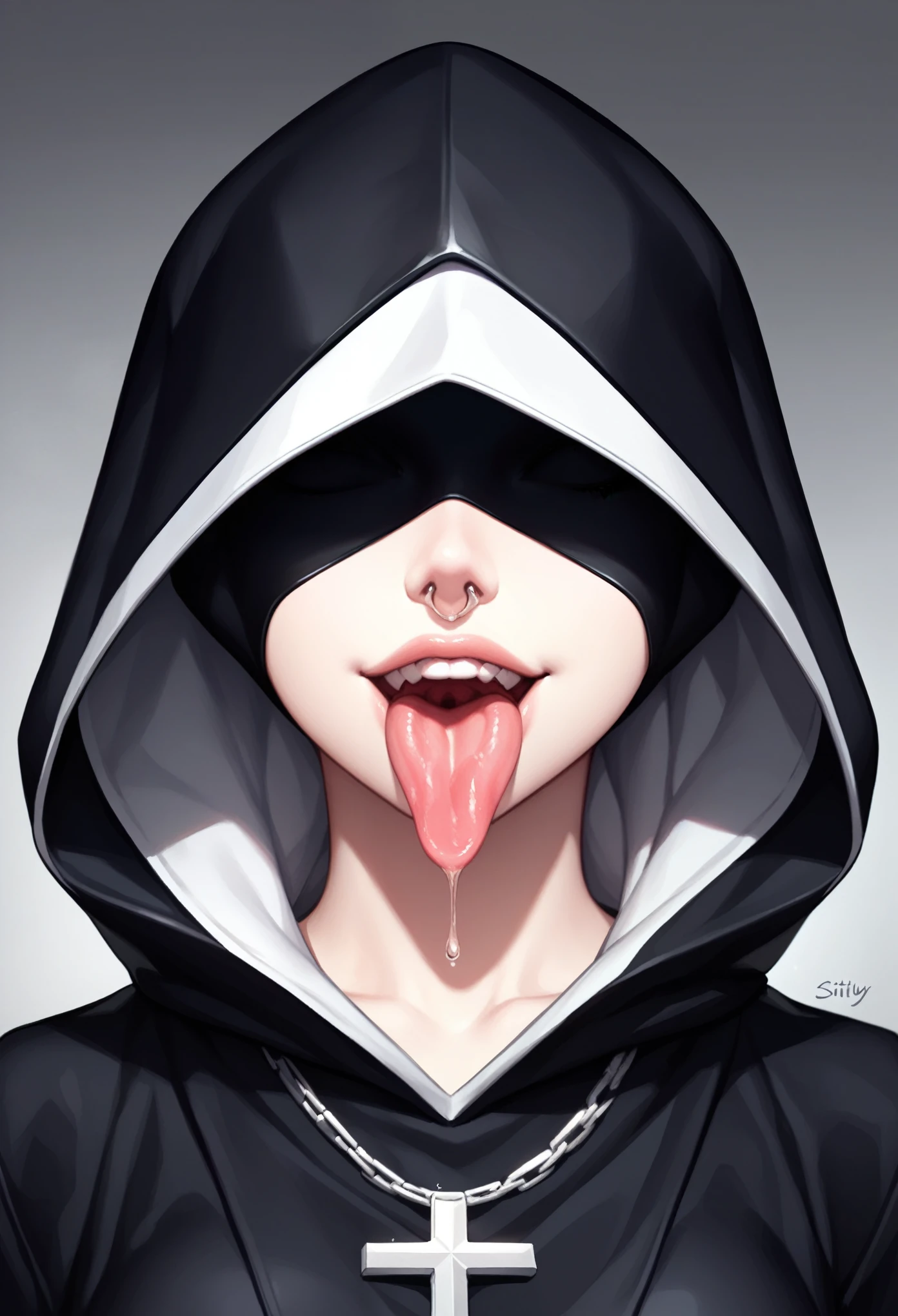 Close-up portrait of a young woman with a rebellious and defiant expression. His face is in the foreground, softly and dimly lit, highlighting her light skin. He wears a black hood that covers most of his head., leaving only his mouth and tongue visible. About the hood, A white cross stands out at the top, contrasting with the dark fabric. the woman has her mouth open, showing a wide, provocative smile while sticking her tongue out, creating a bold and defiant effect. The light is subtle, with soft shadows that add a dramatic touch to the face and hood. The style is hyperrealistic, capturing the details of the fabric texture, Shiny teeth and wet tongue,The hood covers his eyes and nose,only the mouth visible