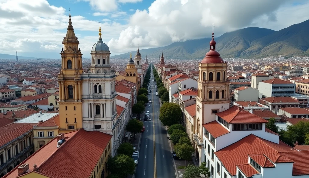 You have tall buildings about 50 meters high separated, with a different design each one of them on an avenue in the city of Arequipa. Have an aerial view