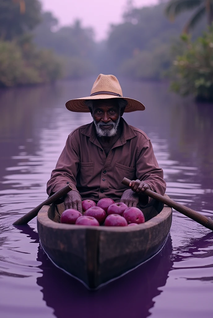 a dark-skinned elderly gentleman ,with a straw hat covering his face,She is in a wooden canoe with the açaí fruit in the front and in the back with a paddle inside the purple river. , acai color