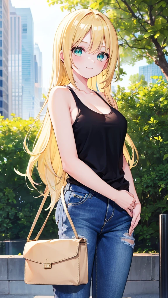 1girl, yellow hair, green eyes, smiling, black tank top, blue jeans, medium breast, looking at vewers, flipped hair, masterpiece, 8k, 16, 32k, shiny skin, UHD, frekles on her skin, bootcut, cleavage, HDR, 4K, 8K, High quality, Ultra high quality, big forehead, standing, daytime, park, outdoors, long hair, white shose, Anime Style, upper body, Stylish Flip Hair,