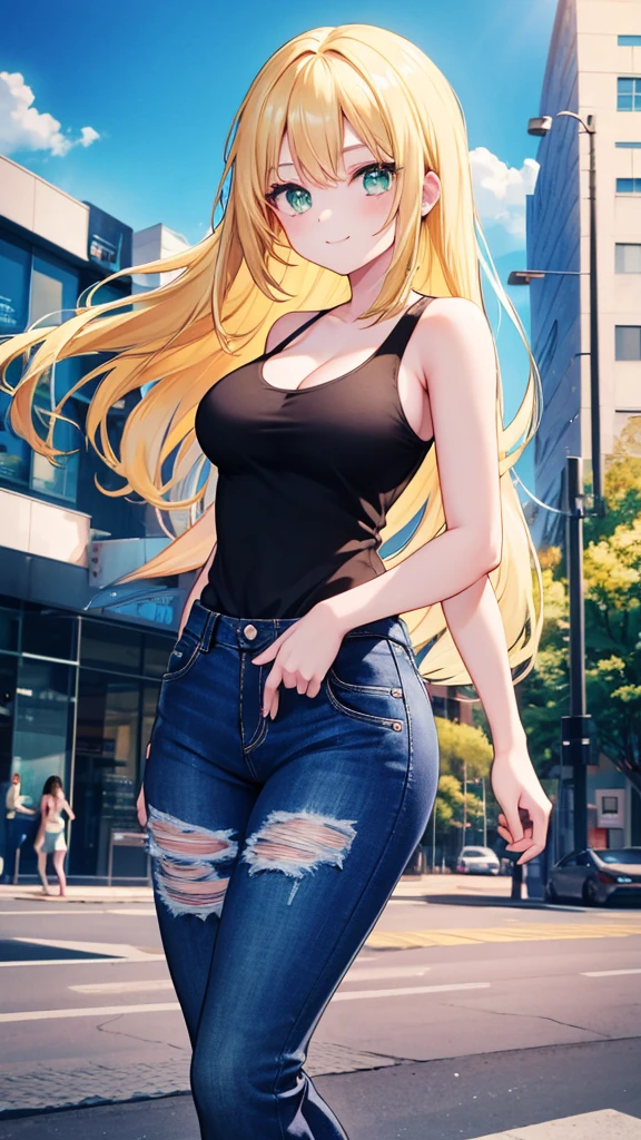 1girl, yellow hair, green eyes, smiling, black tank top, blue jeans, medium breast, looking at vewers, flipped hair, masterpiece, 8k, 16, 32k, shiny skin, UHD, frekles on her skin, bootcut, cleavage, HDR, 4K, 8K, High quality, Ultra high quality, big forehead, standing, daytime, park, outdoors, long hair, white shose, Anime Style, upper body, Stylish Flip Hair,