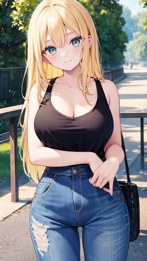 1girl, yellow hair, green eyes, smiling, black tank top, blue jeans, medium breast, looking at vewers, flipped hair, masterpiece, 8k, 16, 32k, shiny skin, UHD, frekles on her skin, bootcut, cleavage, HDR, 4K, 8K, High quality, Ultra high quality, big forehead, standing, daytime, park, outdoors, long hair, white shose, Anime Style, upper body, Stylish Flip Hair,