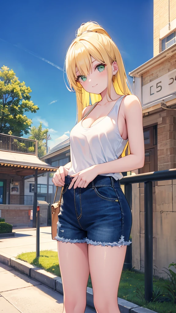 1girl, yellow hair, green eyes, smiling, black tank top, blue jeans, medium breast, looking at vewers, flipped hair, masterpiece, 8k, 16, 32k, shiny skin, UHD, frekles on her skin, bootcut, cleavage, HDR, 4K, 8K, High quality, Ultra high quality, big forehead, standing, daytime, park, outdoors, long hair, white shose, Anime Style, upper body, Stylish Flip Hair,