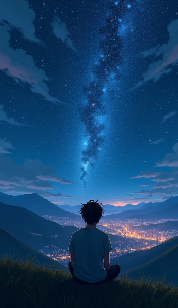 A young man with dark hair sitting with his back to the hill with a city below and looking at a super starry sky.