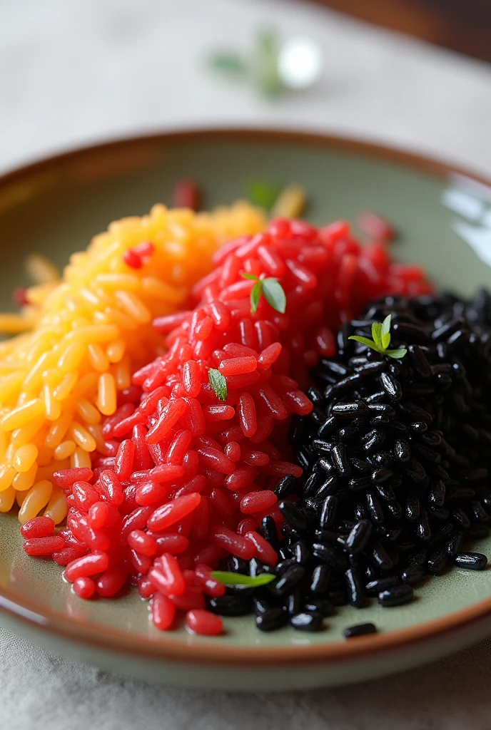 ILLUSTRATION OF A PLATE WITH ORANGE, RED AND BLACK RICE FOR A RESTAURANT ACHIEVEMENT