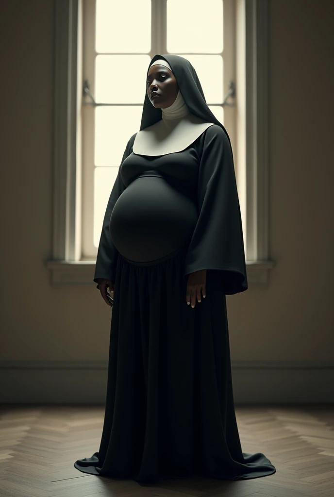 In 8K、Highest quality、Masterpiece、Ultra-high resolution、Photorealistic, ebony, nun, big tits, lightened room, not pregnant