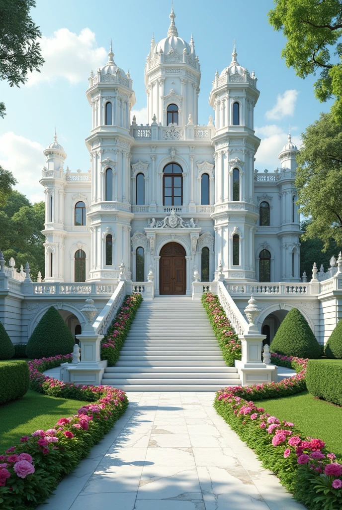 A beautiful White rich castle made of white marble,Grass and plants and flowers on walls and floors and everywhere, beautiful