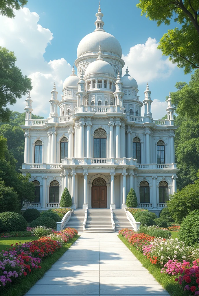 A beautiful White rich castle made of white marble,Grass and plants and flowers on walls and floors and everywhere, beautiful 