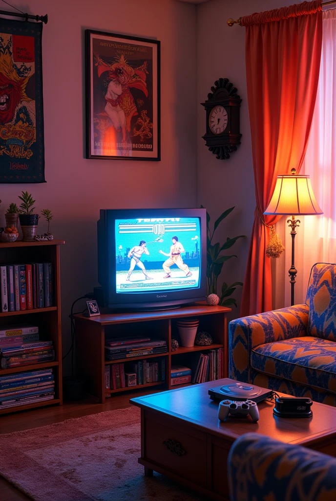 Imagine a vibrant, immersive scene set in a typical 90s living room. En el centro de la imagen, place a classic PlayStation 1 console on a dark wood shelf. The console must be connected to a CRT television with a slightly curved screen., showing the title screen of Tekken 3. The screen should display an iconic image, like a fighting action between Jin Kazama and Hwoarang, with typical graphics of the time and bright colors.
Next to the console, position an original PS1 DualShock controller, with its iconic design clearly visible. Around the PS1, add a series of typical elements of the period to create an authentic atmosphere: a shelf in the background full of PS1 game boxes, a collection of stacked gaming magazines and a colorful Tekken 3 poster on the wall.
The decor should include items such as a geometric patterned sofa., a coffee table with a box of CDs and a VHS player, and maybe some toys or action figures. Use soft, warm lighting that is reminiscent of the soft lighting of period lamps., with a soft glow that highlights the TV screen and creates cozy shadows around it.
Add subtle details, like a tapestry or brightly colored curtains, and typical objects of the era, like an analog wall clock and a small bookshelf. The scene should capture the essence and charm of the 90s, making anyone who looks at it feel truly transported to that time