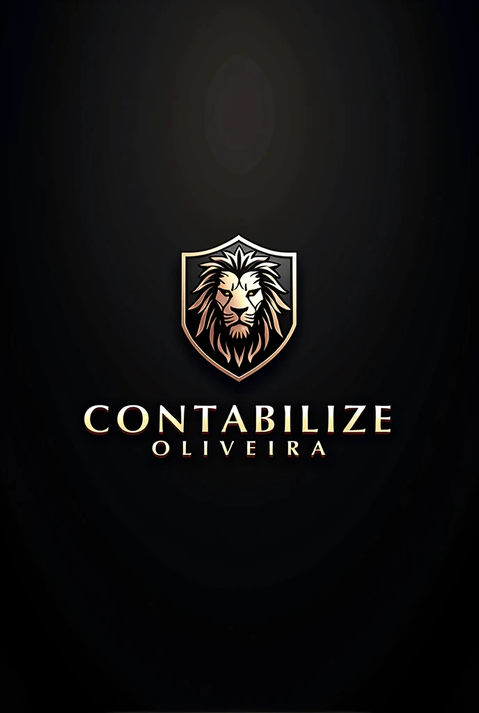 A logo for an accounting firm with the name Contabilize Oliveira. In black and gold colors, with dark background and some lion shield with futuristic fonts.
