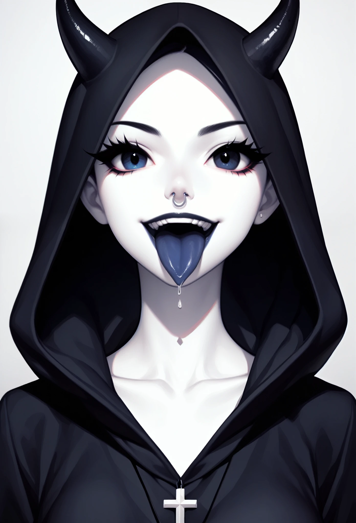 Close-up portrait of a young woman with a rebellious and defiant expression. His face is in the foreground, softly and dimly lit, highlighting her light skin. He wears a black hood that covers most of his head., leaving only his mouth and tongue visible. About the hood, A white cross stands out at the top, contrasting with the dark fabric. the woman has her mouth open, showing a wide, provocative smile while sticking her tongue out, creating a bold and defiant effect. The light is subtle, with soft shadows that add a dramatic touch to the face and hood. The style is hyperrealistic, capturing the details of the fabric texture, Shiny teeth and wet tongue,The hood covers his eyes and nose,only the mouth visible
