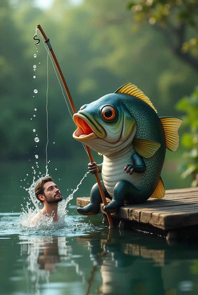 Fish sitting on pier and using fishing rod to catch tiny grownup man in the lake, the man get caught and come up from water surface, splashing, keep prey in his mouth, the man tilt head back