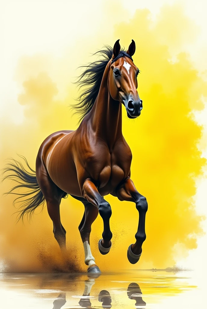 Create a horse with yellow reflection
, stark, with thick neck, sprinting, as realistic as possible, behind watercolor stains