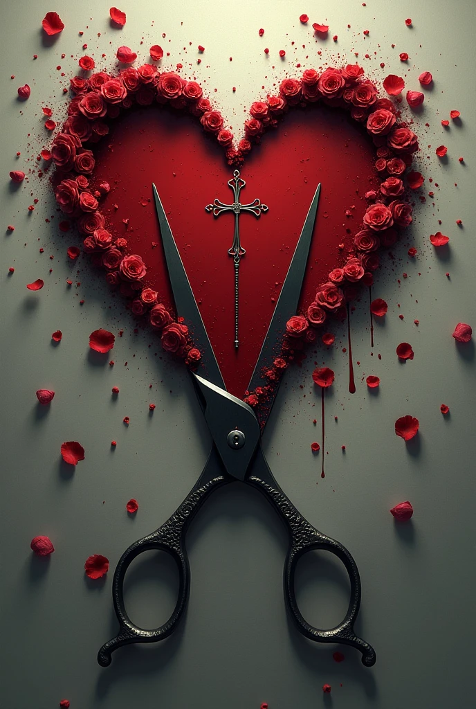 Open heart-shaped scissors, with the silhouette of Rosario inside the heart. around the heart, Blood stains and fallen flower petals are visible..