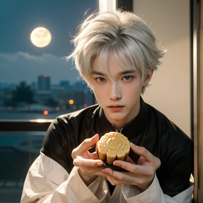 动漫风格的White hair男子形象和黑色领带, Delicate hermaphroditic prince, beautiful androgynous prince, Tall anime man with blue eyes, cai xukun, 动漫Handsome的男人, male anime character, White hair, Male anime style, He has dark gray hair, Handsome, 动漫Handsome男头像, Eating mooncakes、Big golden moon in the background、Rabbit eats carrots next to him 