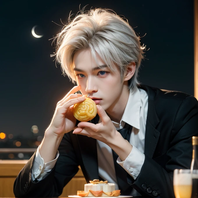 动漫风格的White hair男子形象和黑色领带, Delicate hermaphroditic prince, beautiful androgynous prince, Tall anime man with blue eyes, cai xukun, 动漫Handsome的男人, male anime character, White hair, Male anime style, He has dark gray hair, Handsome, 动漫Handsome男头像, Eating mooncakes、Big golden moon in the background、Rabbit eats carrots next to him