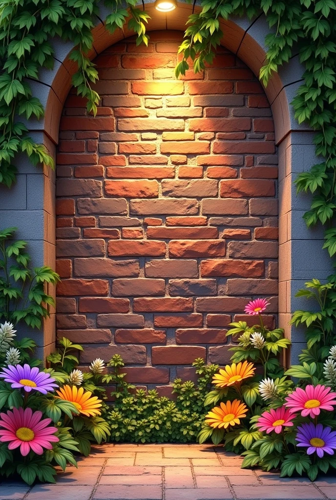 mixed brick wall , with many green branches on the sides and colorful flowers with yellow spotlights