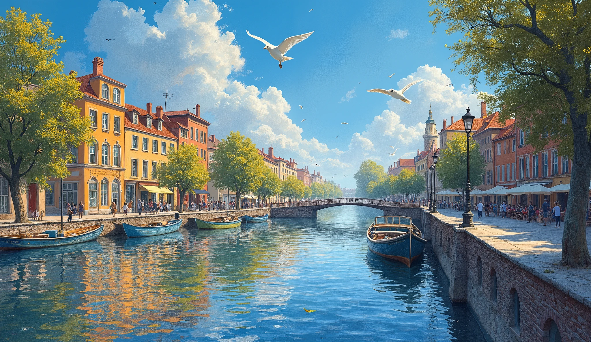 Claude Monet, A beautiful 90s retro urban street, sunny, beautiful, nostalgic, masterpiece, blue sky, birds
