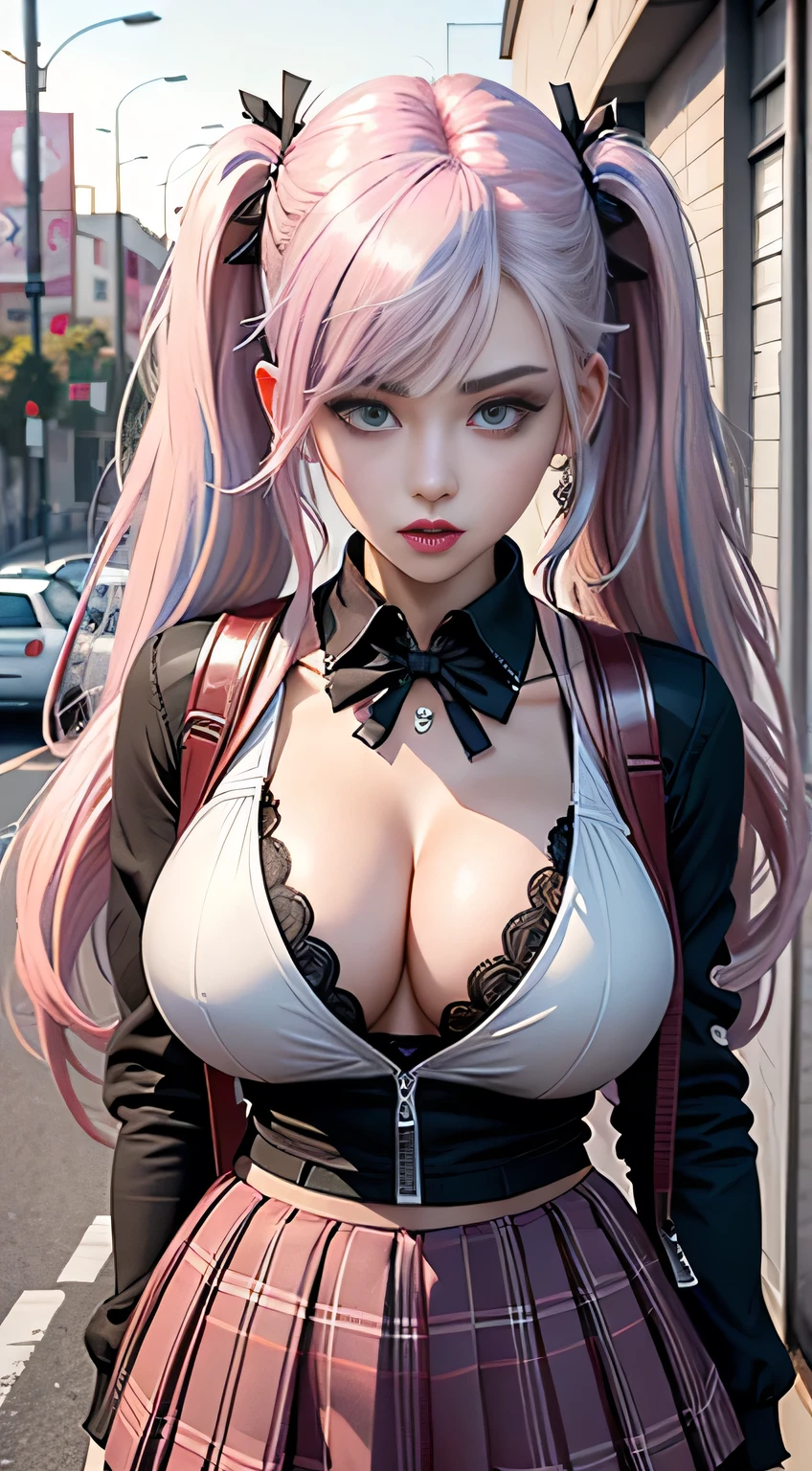 sfw, (((of the highest quality: 1.4))),(unparalleled masterpiece ever), (Ultra high definition),(Ultra-realistic 8K CG), offcial art、 (((adult body, accentuated super huge enormously gigantic , cleavage showing))), (((1girl in))), ((( very long hair in pigtails ))), Punk girl with a perfect body, school girl uniform school girl skirt and backpack with lots of straps buckles and zippers,Beautiful and well-groomed face,Fancy makeup,Detailed punk fashion,school girl uniform and school girl skirt, (Image from head to thigh),((Platinum pink hair )), Harajuku-inspired hooded jacket, Simon Bisley's urban savage style,Detailed street background of school classroom,Clean abs, Complex graphics, dark pink with white stars and gray and white stripeany poisonous tattoos )), piercings, wearing bra,((skinny waist)), young asian girl, ((big breasted)),ted)),