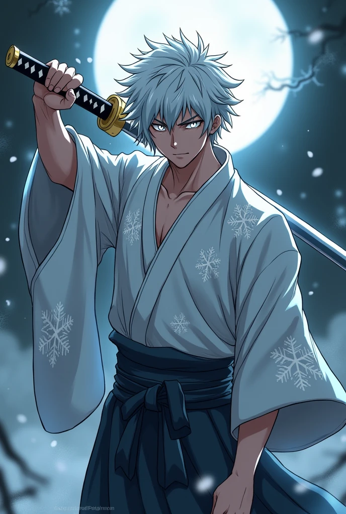 a demon slayer character who is an oni hunter with curly hair, white eyes and skin as pale as snow who uses a katana inspired by rukia&#39;s katana from the anime bleach male character with a kimono with snowflake designs