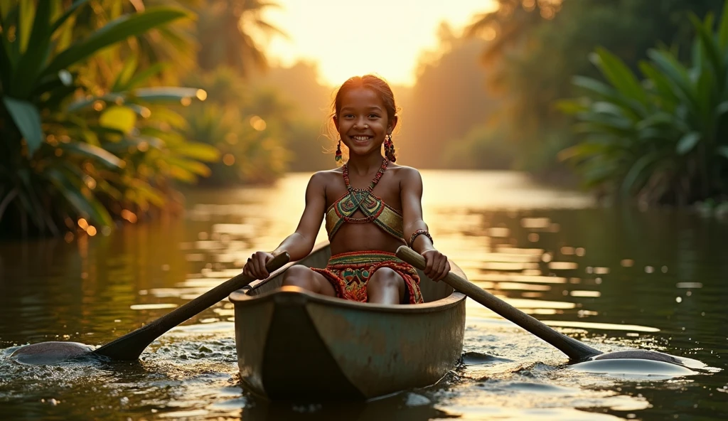 indígena shuar girl, ecuadorian woman, sailing in a canoe on an Amazon river, paddling in the river, amazon jungle landscape, vibrant colors, sunrise, panoramic shot, the girl smile, very happy, masterpiece, hyper realistic, kodak film, leica m11, leica summicrom lens, 18mm, detailed facial features, intricate clothing, tribal patterns, beautiful natural setting, warm lighting, photorealistic, 8k, high quality