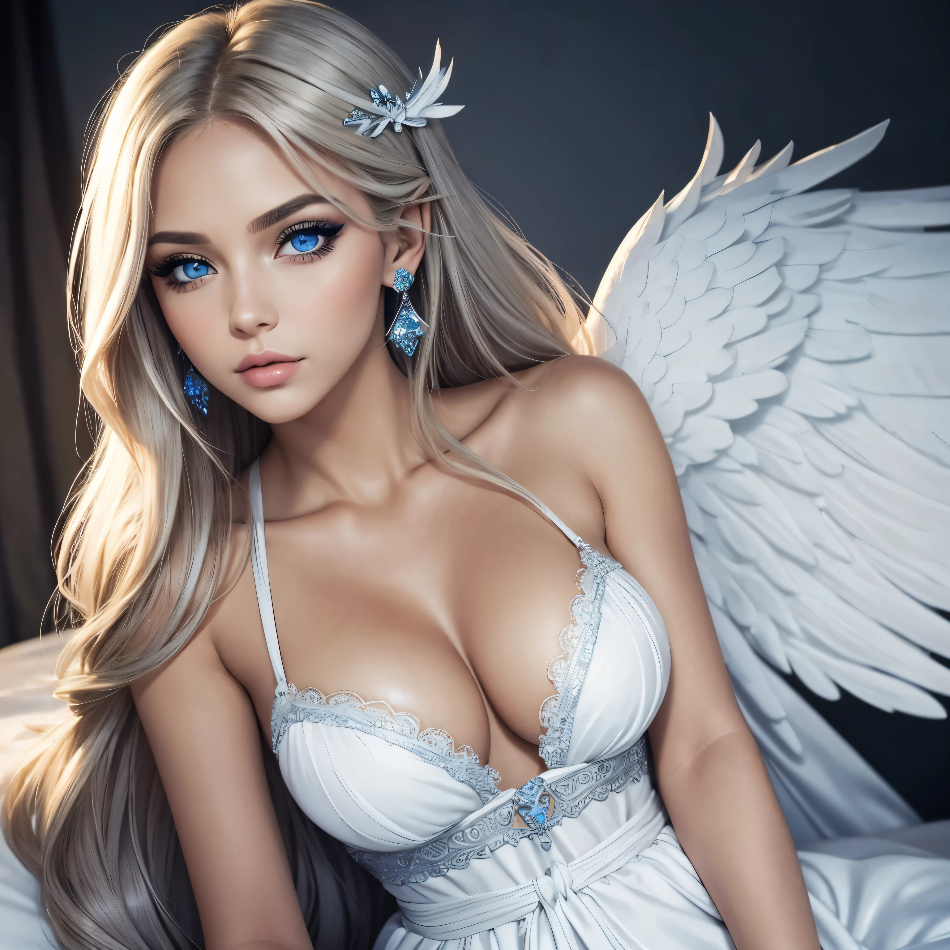 Woman, (best quality, masterpiece), 1girl, beautiful girl, Blue_eyes, ((hair color [blonde hair], [long Flowing] hair)), Large Breasts, earrings, lips,realistic, narrow waist, charming, colorful makeup, Smoky eye shadow, Dark Eyeliner. long eyelashes, tanned skin, (cute), detailed eyes, detailed iris, Angel Wings, White Heavenly Dress, In Heaven, Halo, (Waist Up)