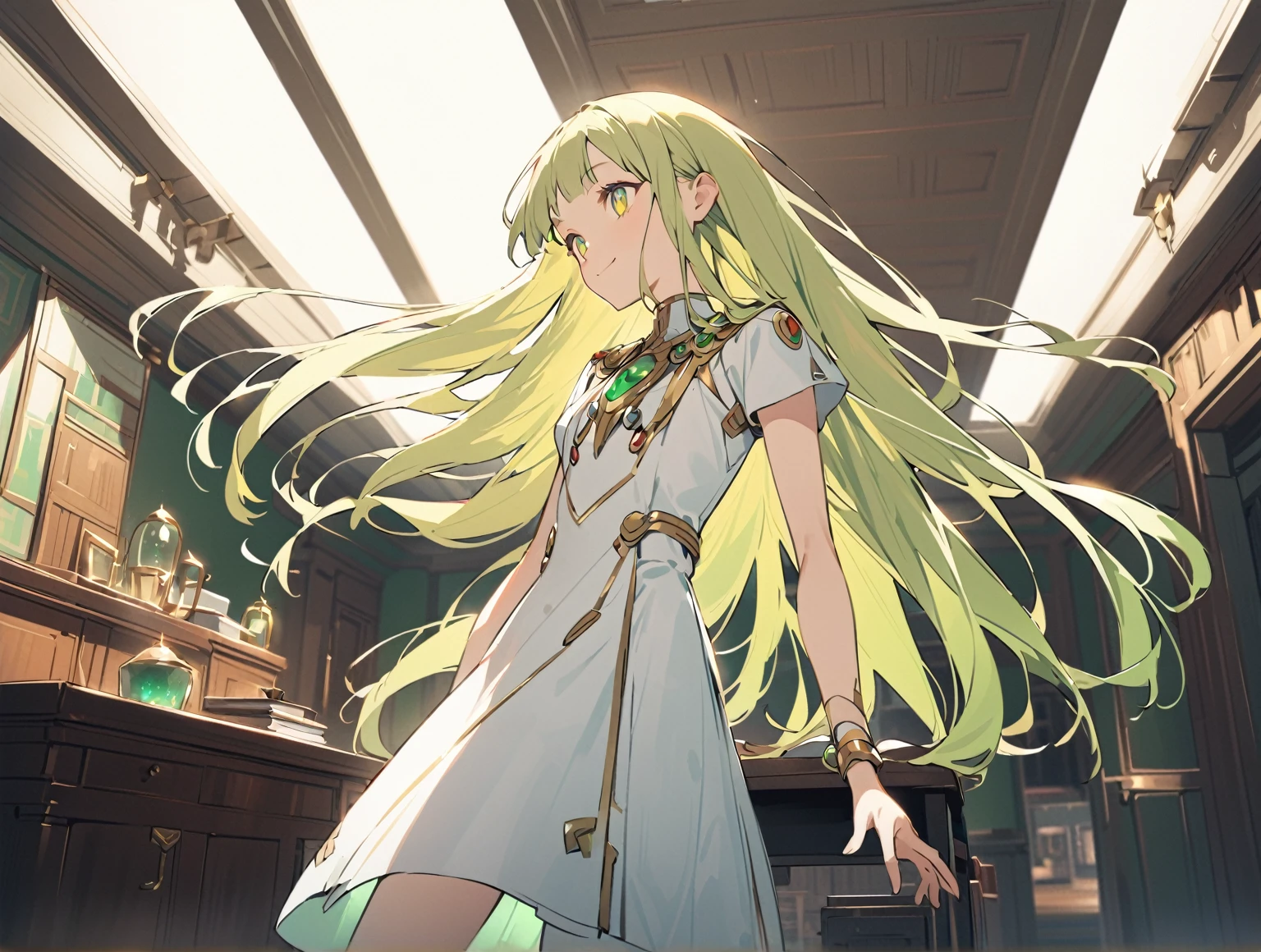 room background, whole body, slender, thin legs, Greenish-yellow hair，Yellow-green pupils，White clothes with green and yellow are embellished with gold and silver ornaments，She is a natural cute girl,((smile)),white thighhigh boots,upper body, long hair, white clergy costume,((zero two)),((in the room)),desk,