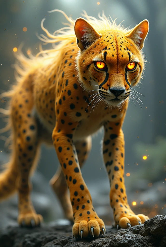 "Design a cheetah and honey bee fusion with glowing eyes and intertwined scales and fur, exuding raw, terrifying power."